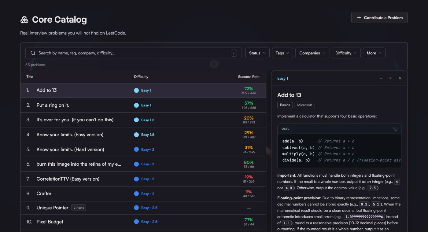 A problem's statement open beside the Core Catalog list