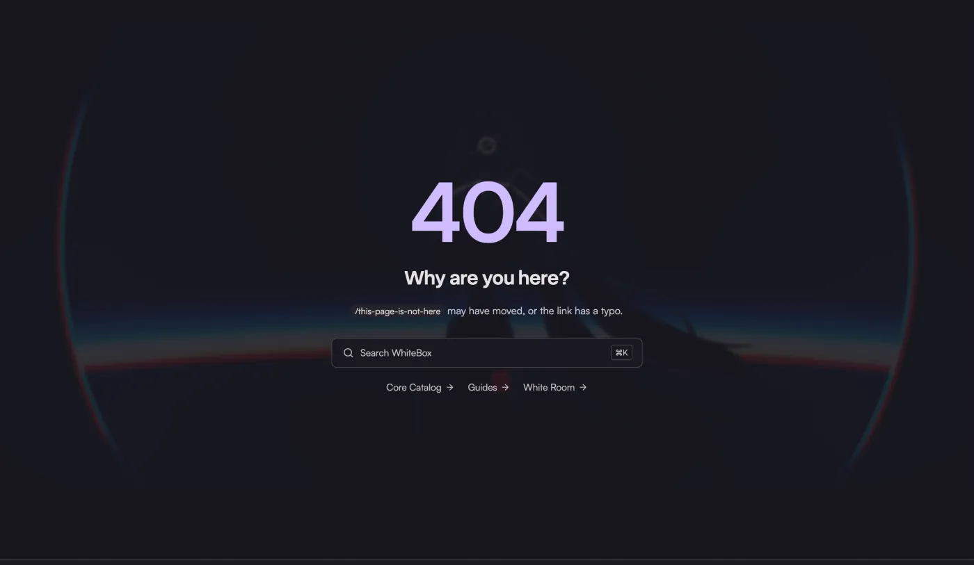 The 404 page with a search field and links to Core Catalog, Guides and White Room
