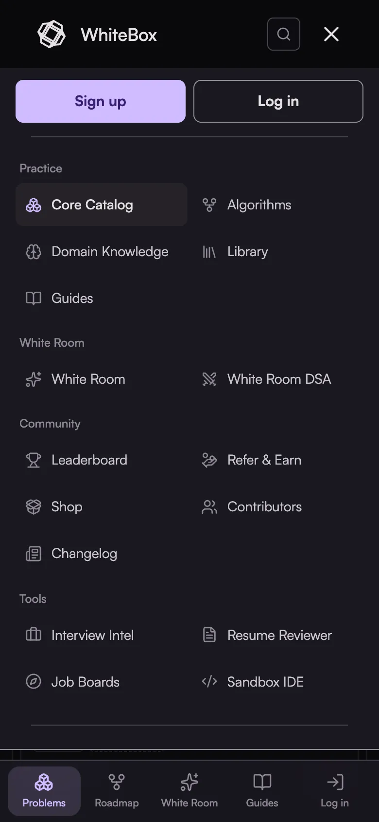 The phone menu with pages grouped under Practice, White Room, Community and Tools