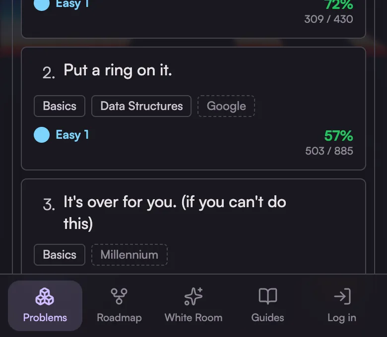 The phone tab bar with Problems, Roadmap, White Room, Guides and Log in