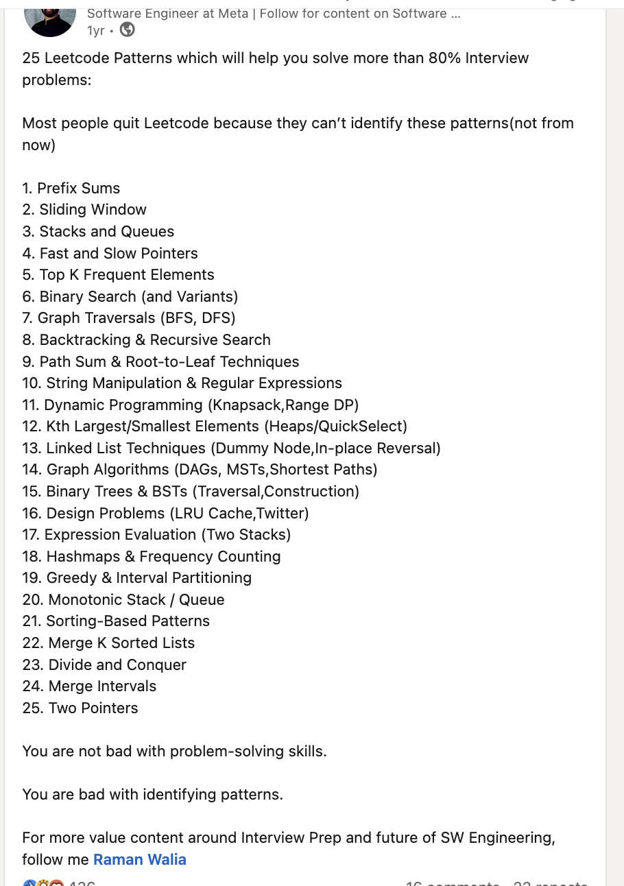 A popular post listing 25 patterns that supposedly solve most interview problems
