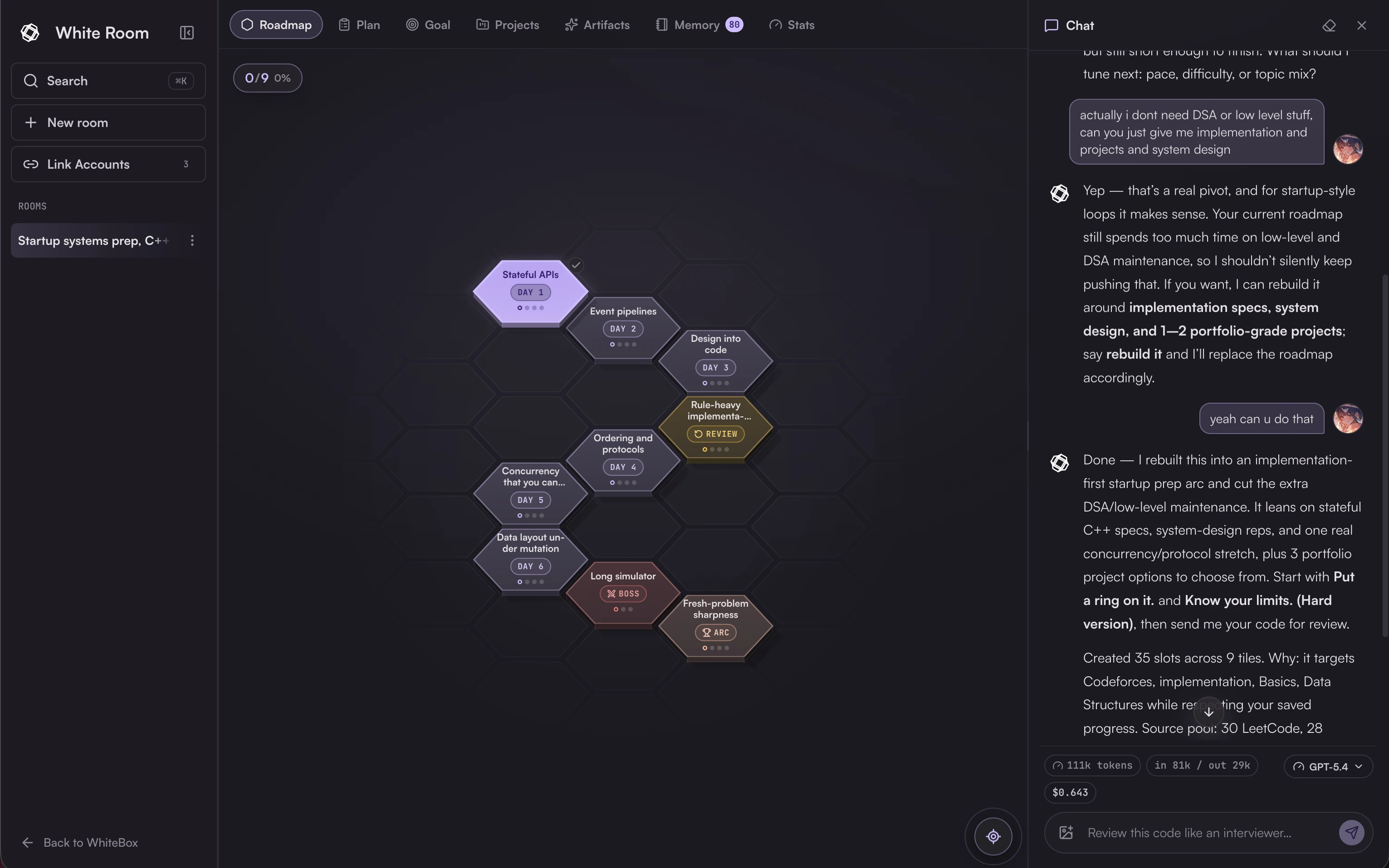 White Room workspace showing a sequenced interview roadmap and coaching context